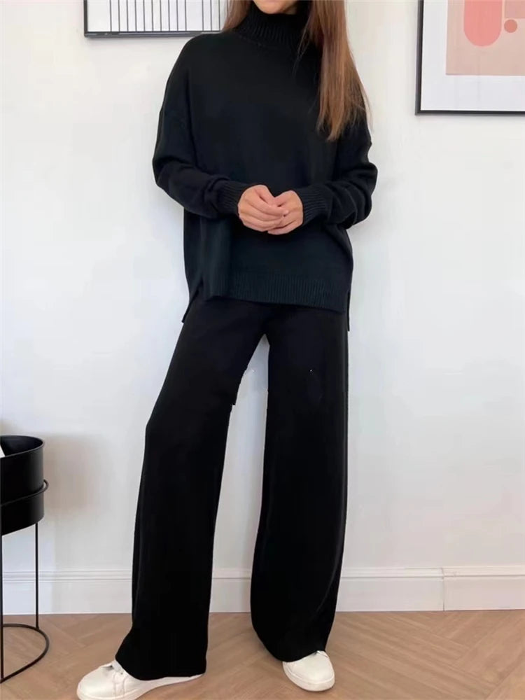 Conjunto de punto jersey cuello alto y pantalón ancho